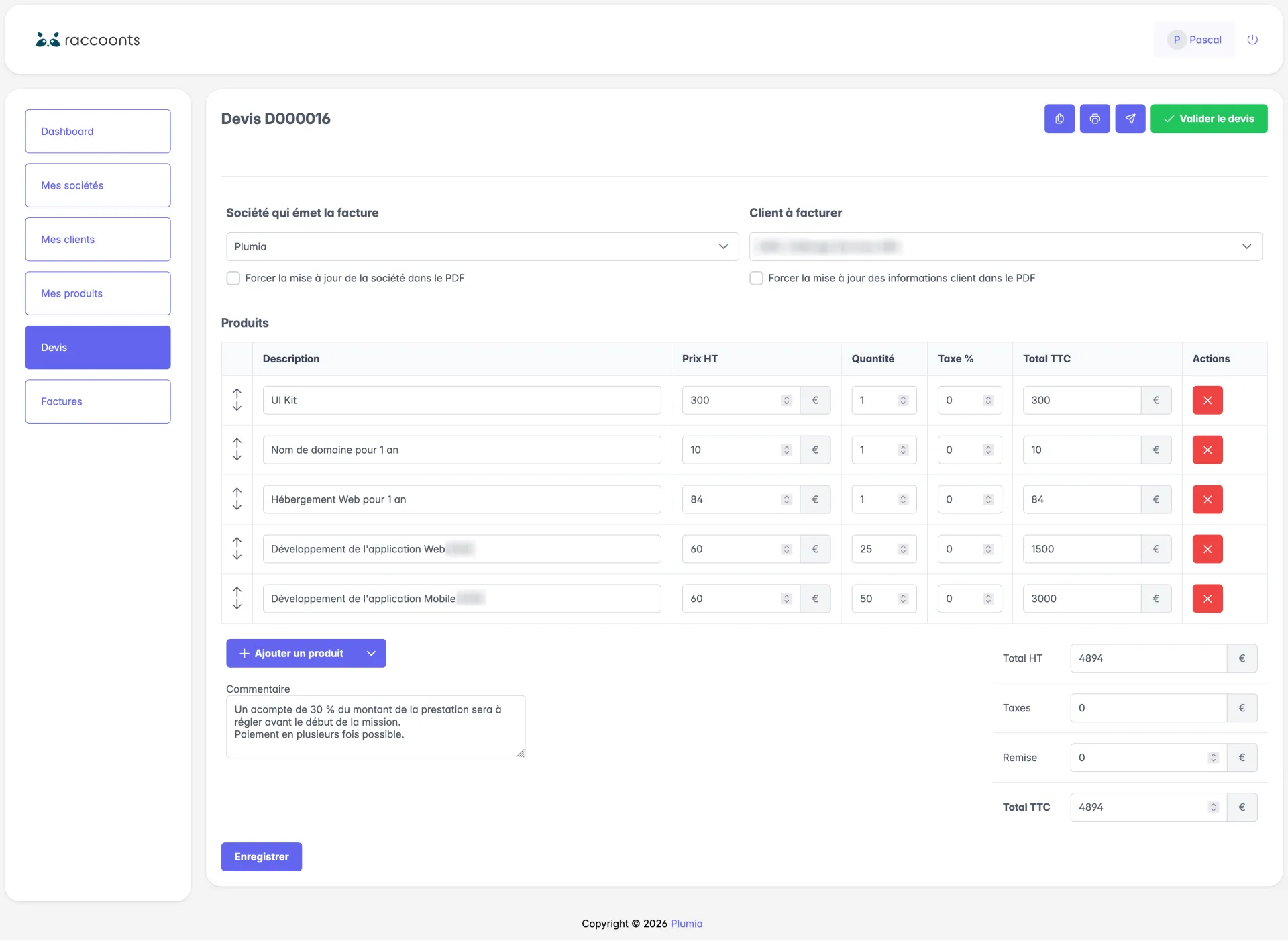Aperçu d'un devis Raccoonts